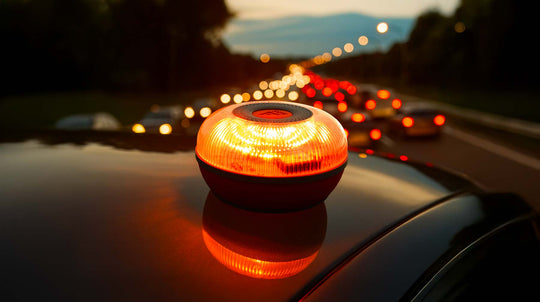 Baliza V16 FlashLED encendida sobre el techo de un coche, emitiendo destellos ámbar mientras al fondo se ve una carretera con tráfico y luces rojas de freno, simbolizando la alta demanda y riesgo de escasez antes de 2026.