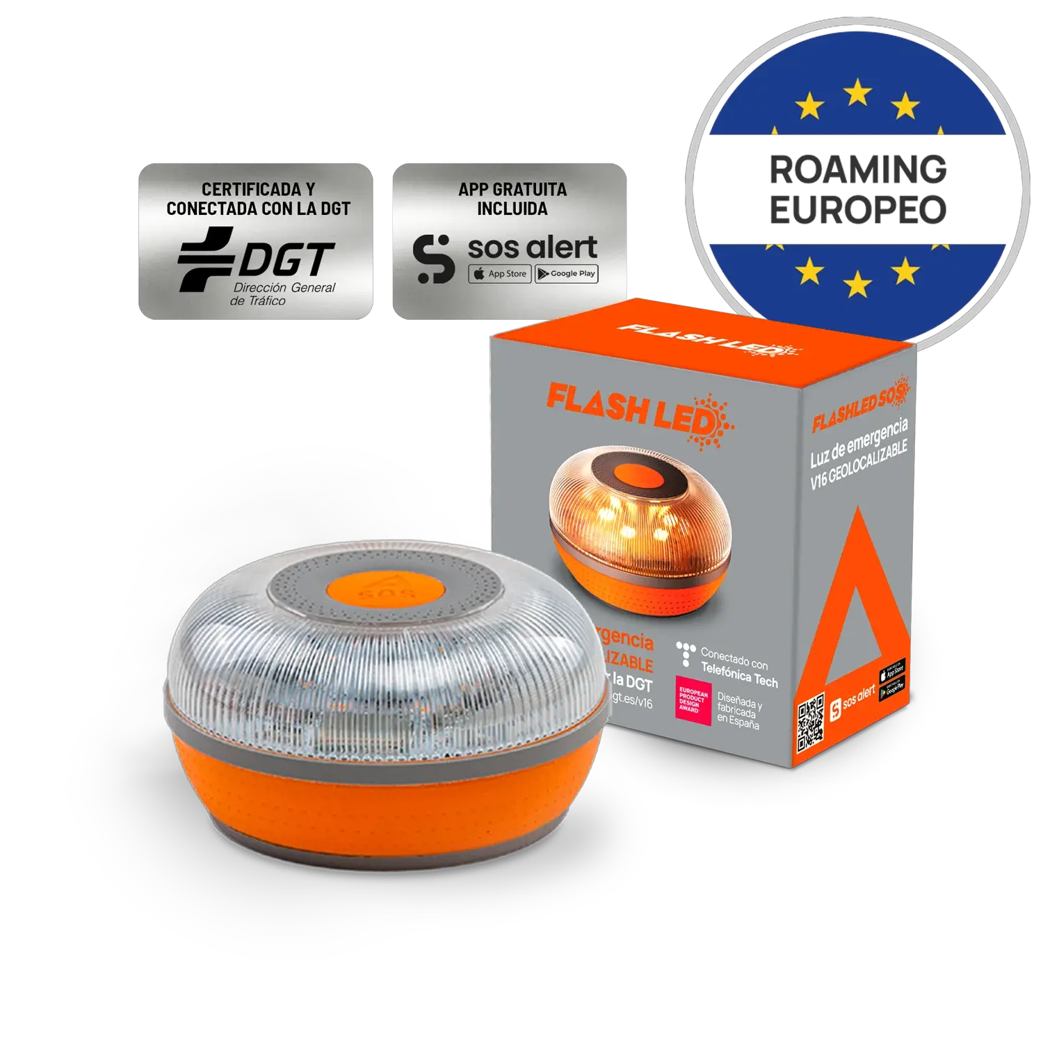 FlashLED SOS - Baliza V16 IoT Conectada a Telefónica y DGT con Roaming Europeo 1 año