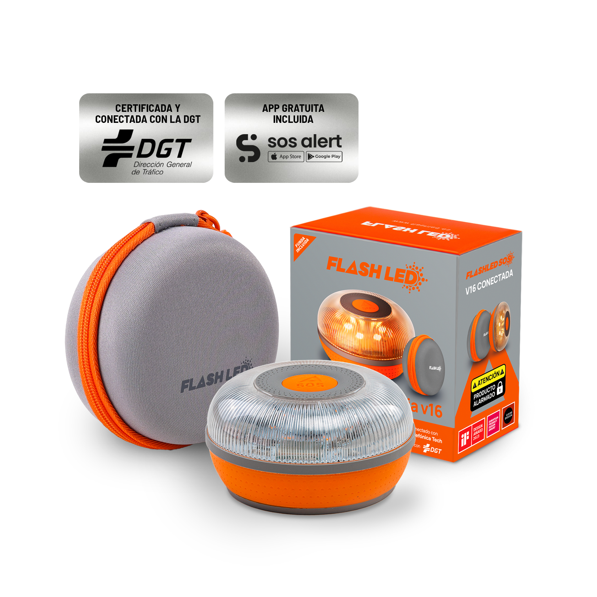 FlashLED SOS mit Hülle - V16 IoT Warnleuchte verbunden mit Telefónica und DGT + SOS Alert App