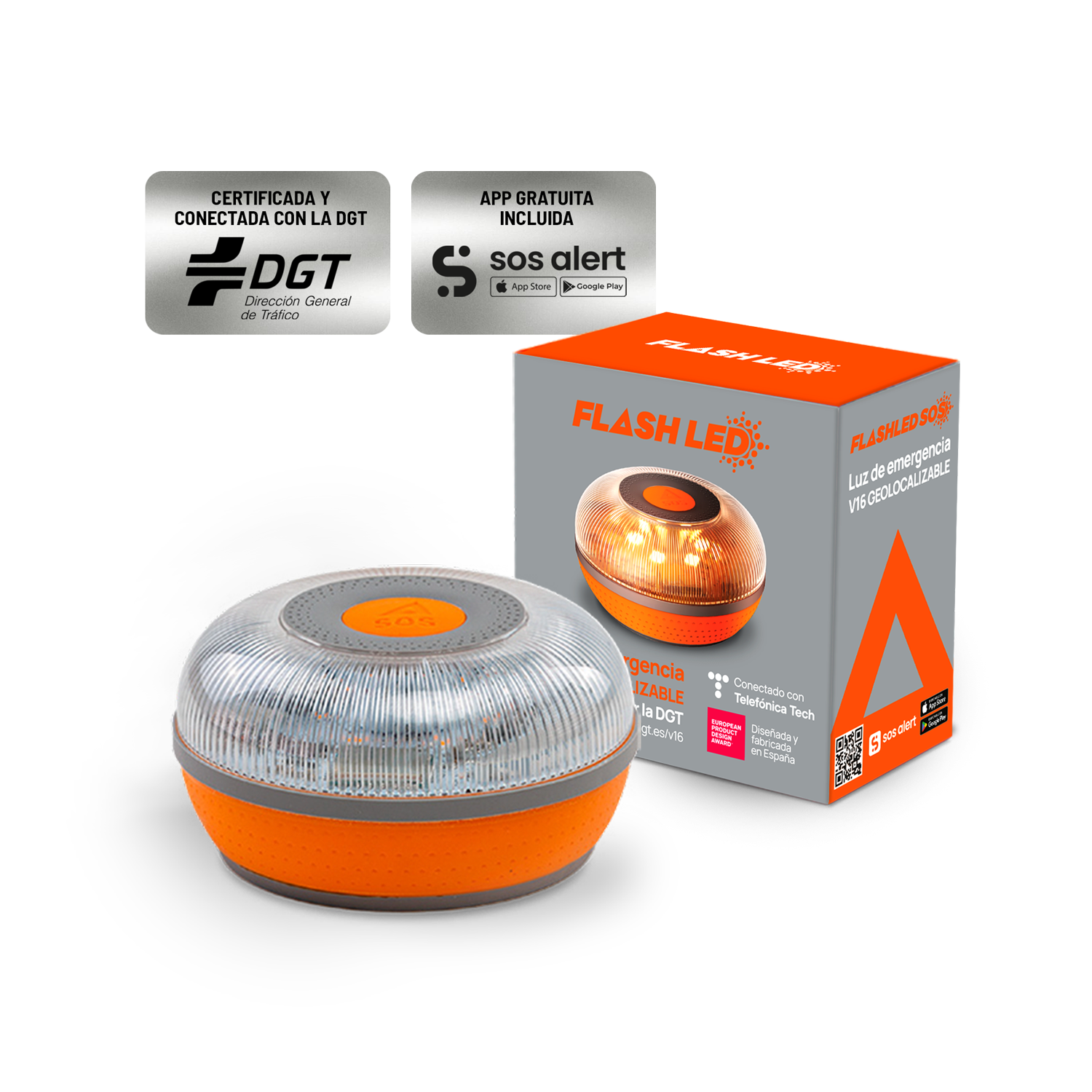 FlashLED SOS - Baliza V16 IoT Conectada a Telefónica y DGT + App SOS Alert