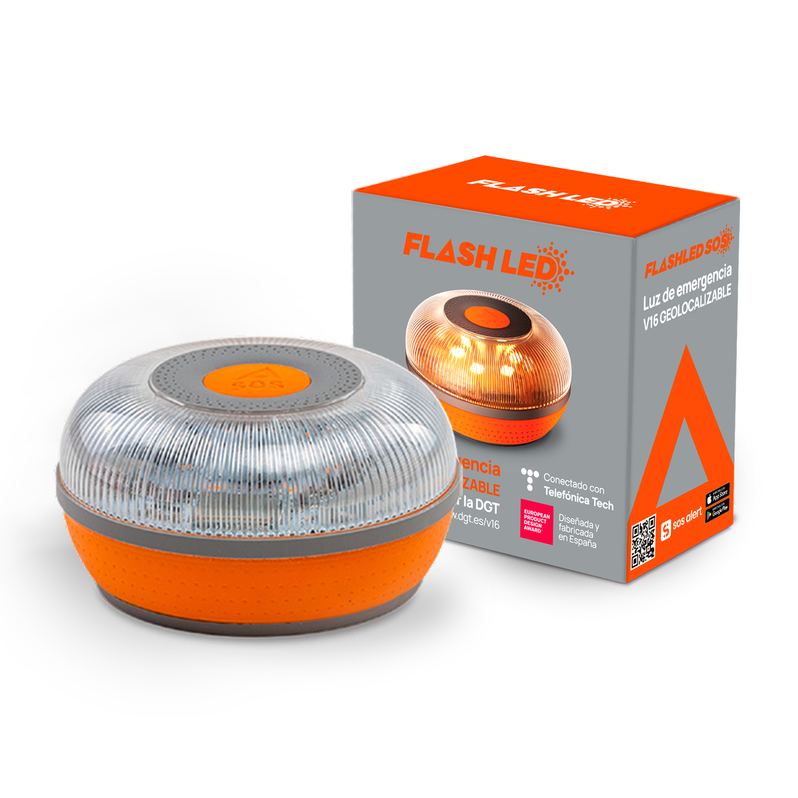 Baliza FlashLED SOS V16 IoT Conectada Certificada por la DGT. Con geolocalización anónima. Conectada con Telefónica Tech y a la DGT  3.0. Aplicación móvil SOS Alert incluida.
