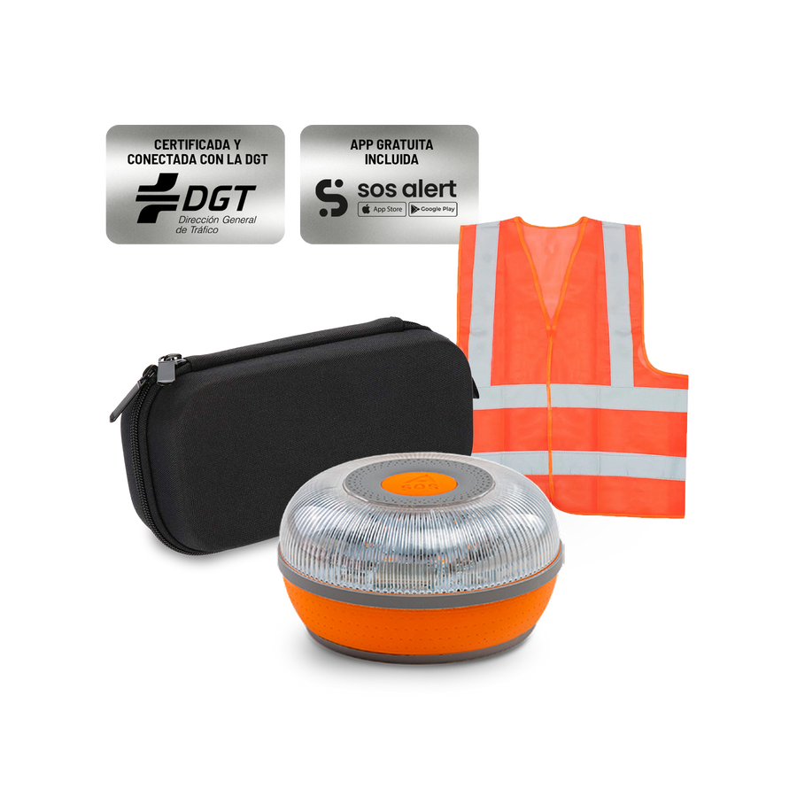 Kit de Emergencia en carretera - FlashLED SOS V16 + Chaleco Homologado + Funda de Transporte